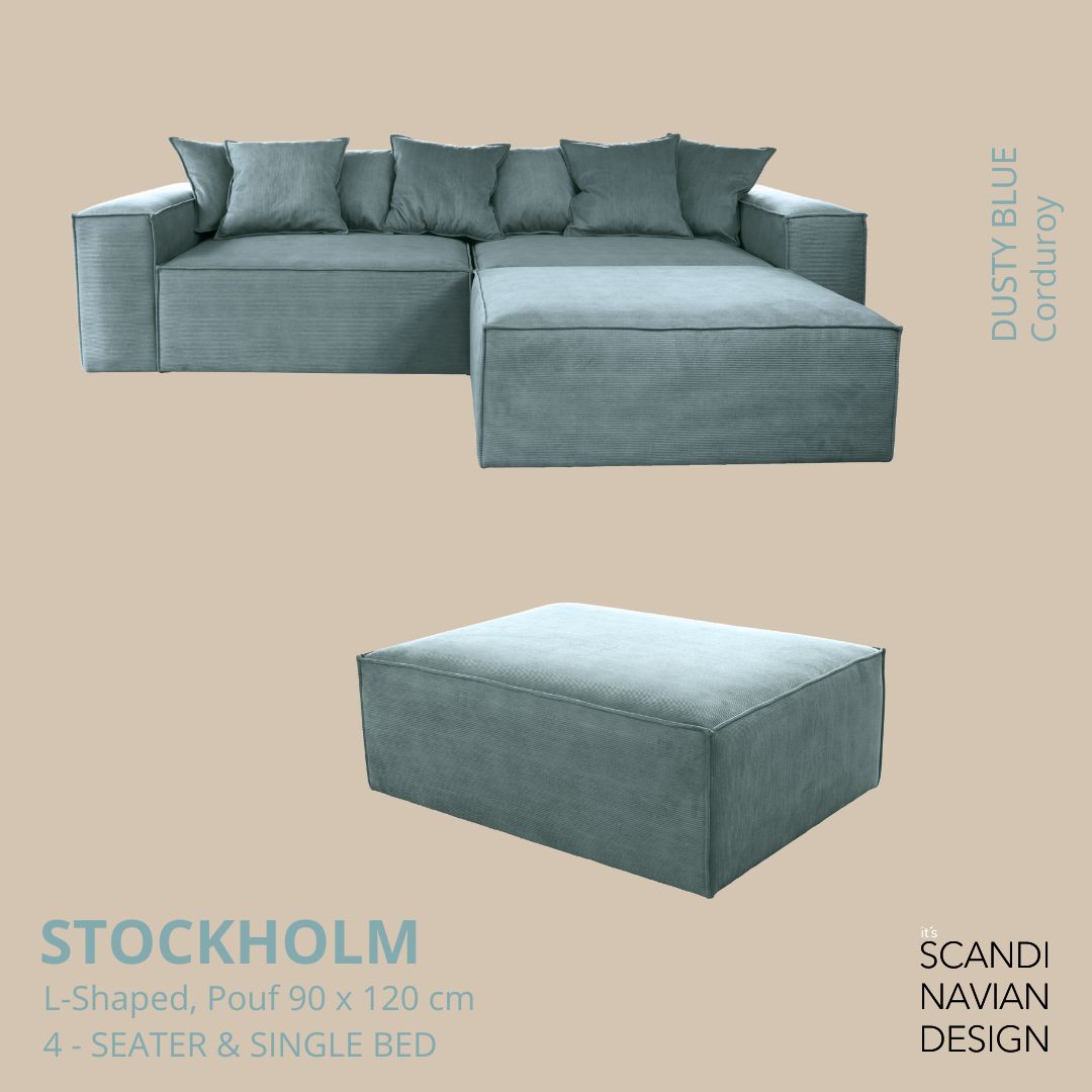 STOCKHOLM L- Shaped sofa/single bed  Corduroy Dusty Blue removable & washable cover