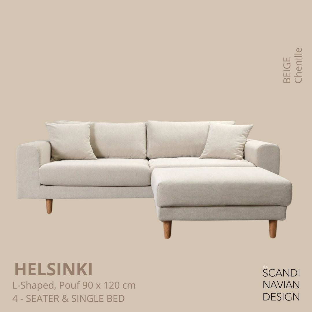 HELSINKI L - shaped sofa/single bed, Chenille, Beige removable & washable - Scandinavian Stories by Marton