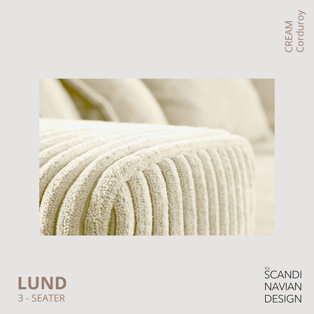 LUND 3 - seater Sofa, Cream Corduroy, removable & washable cover - Scandinavian Stories by Marton