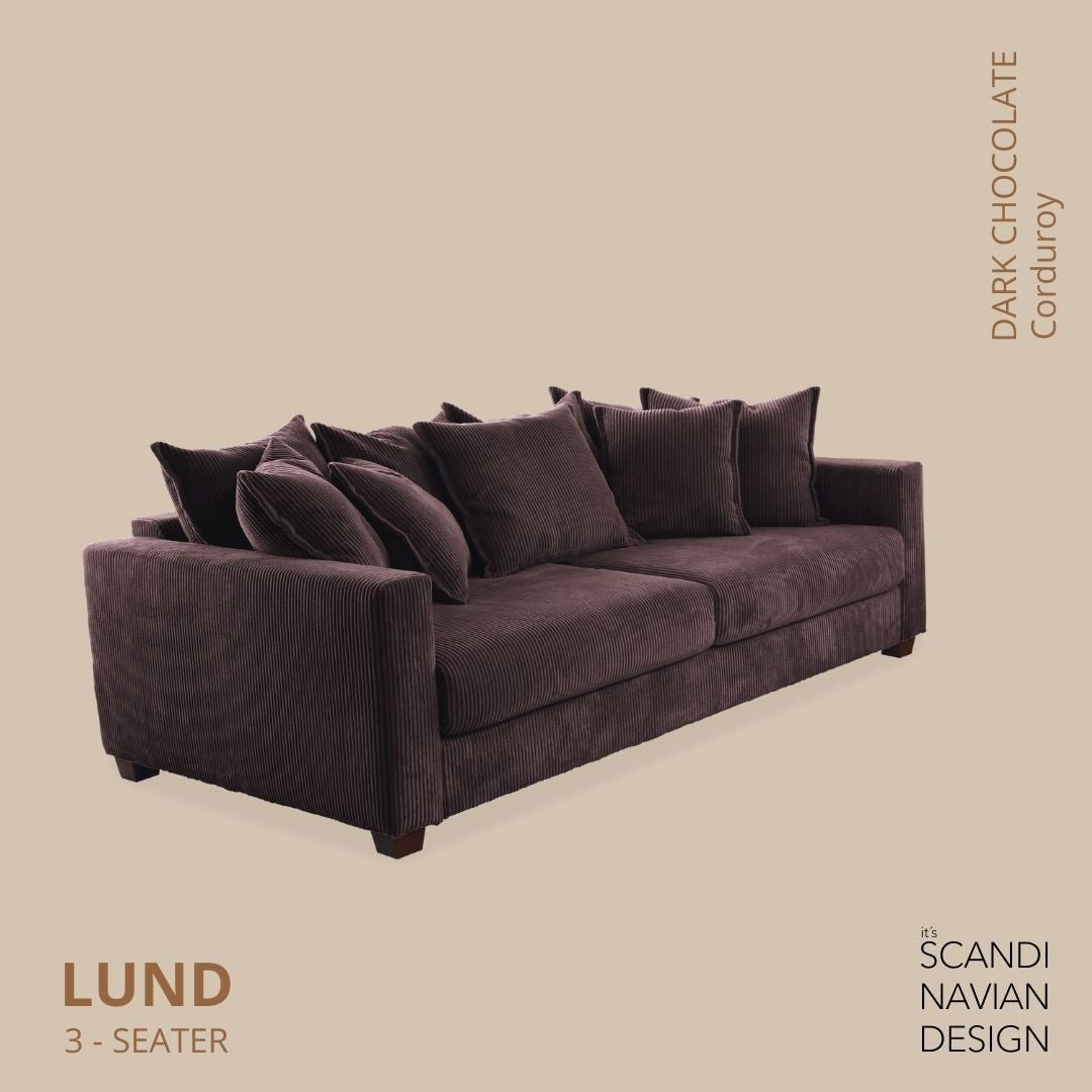 LUND 3 - seater Sofa, Dark Chocolate Corduroy, removable & washable cover - Scandinavian Stories by Marton