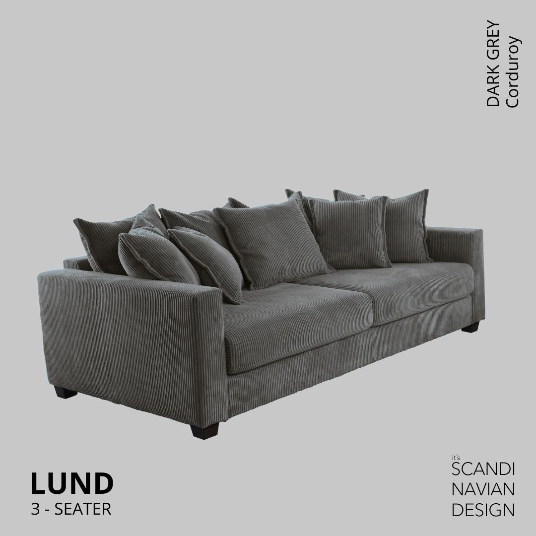 LUND 3 - seater Sofa, Dark Grey Corduroy, removable & washable cover - Scandinavian Stories by Marton