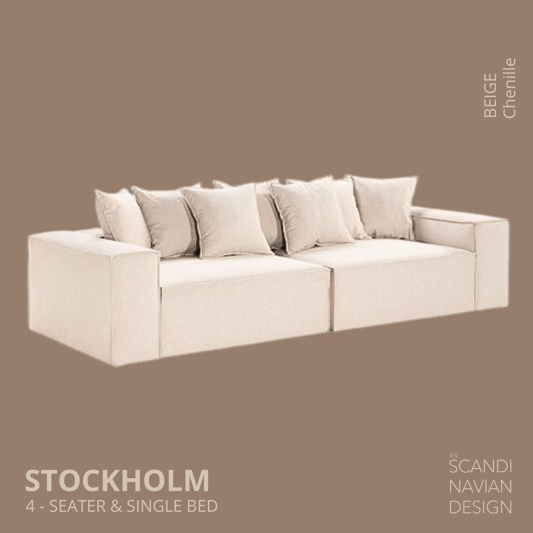 STOCKHOLM 4 - seater sofa/single bed Chenille Beige removable & washable cover - Scandinavian Stories by Marton