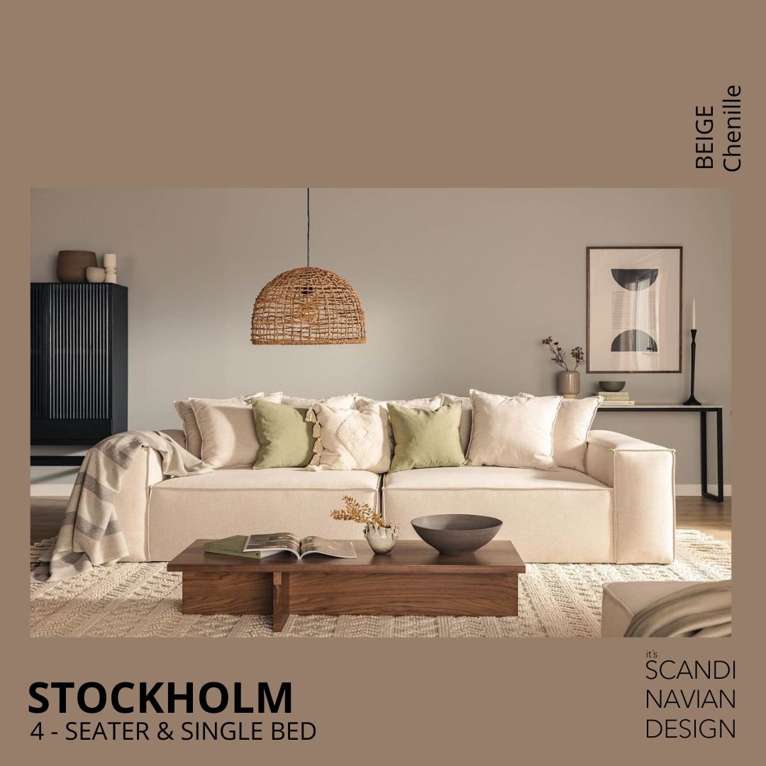 STOCKHOLM 4 - seater sofa/single bed Chenille Beige removable & washable cover - Scandinavian Stories by Marton