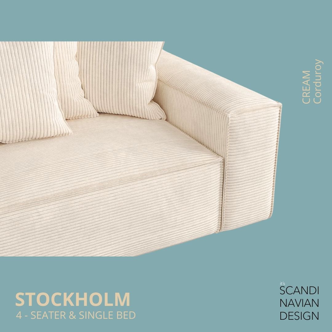 STOCKHOLM 4 - seater sofa/single bed Corduroy Cream removable & washable cover - Scandinavian Stories by Marton