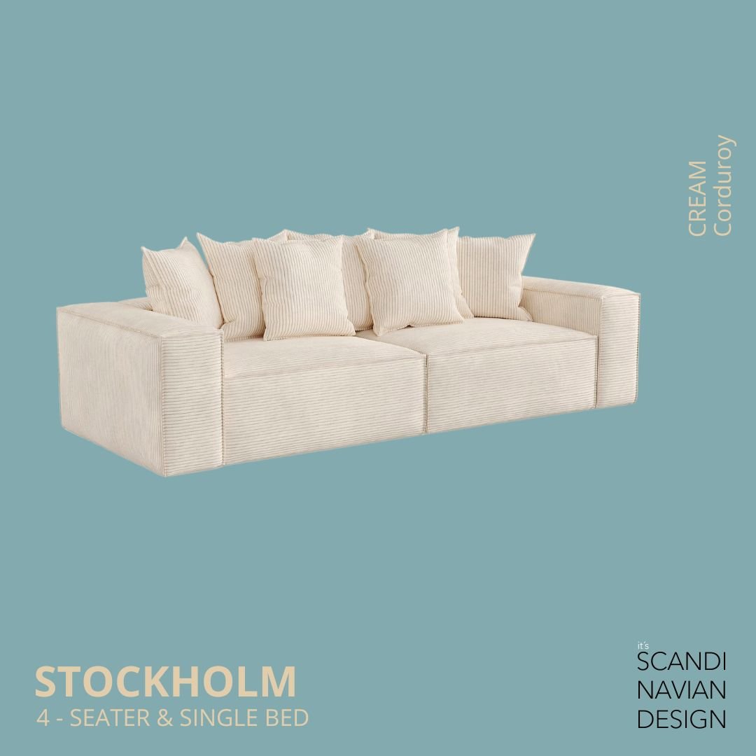 STOCKHOLM 4 - seater sofa/single bed Corduroy Cream removable & washable cover - Scandinavian Stories by Marton