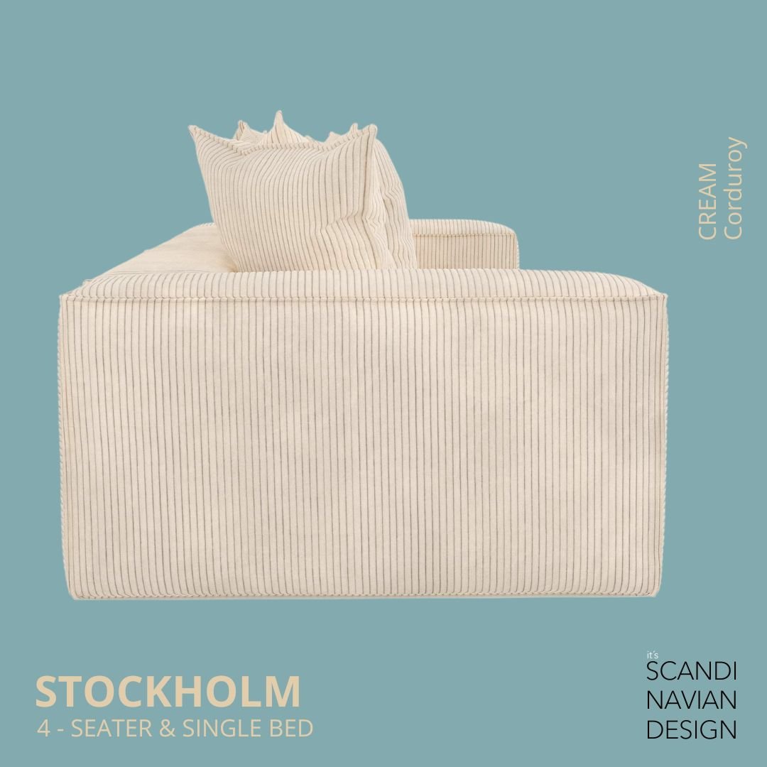 STOCKHOLM 4 - seater sofa/single bed Corduroy Cream removable & washable cover - Scandinavian Stories by Marton