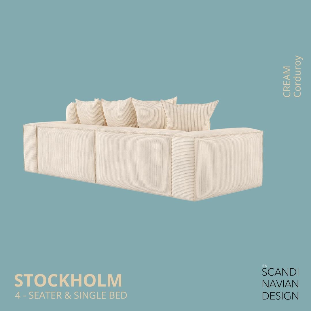 STOCKHOLM 4 - seater sofa/single bed Corduroy Cream removable & washable cover - Scandinavian Stories by Marton