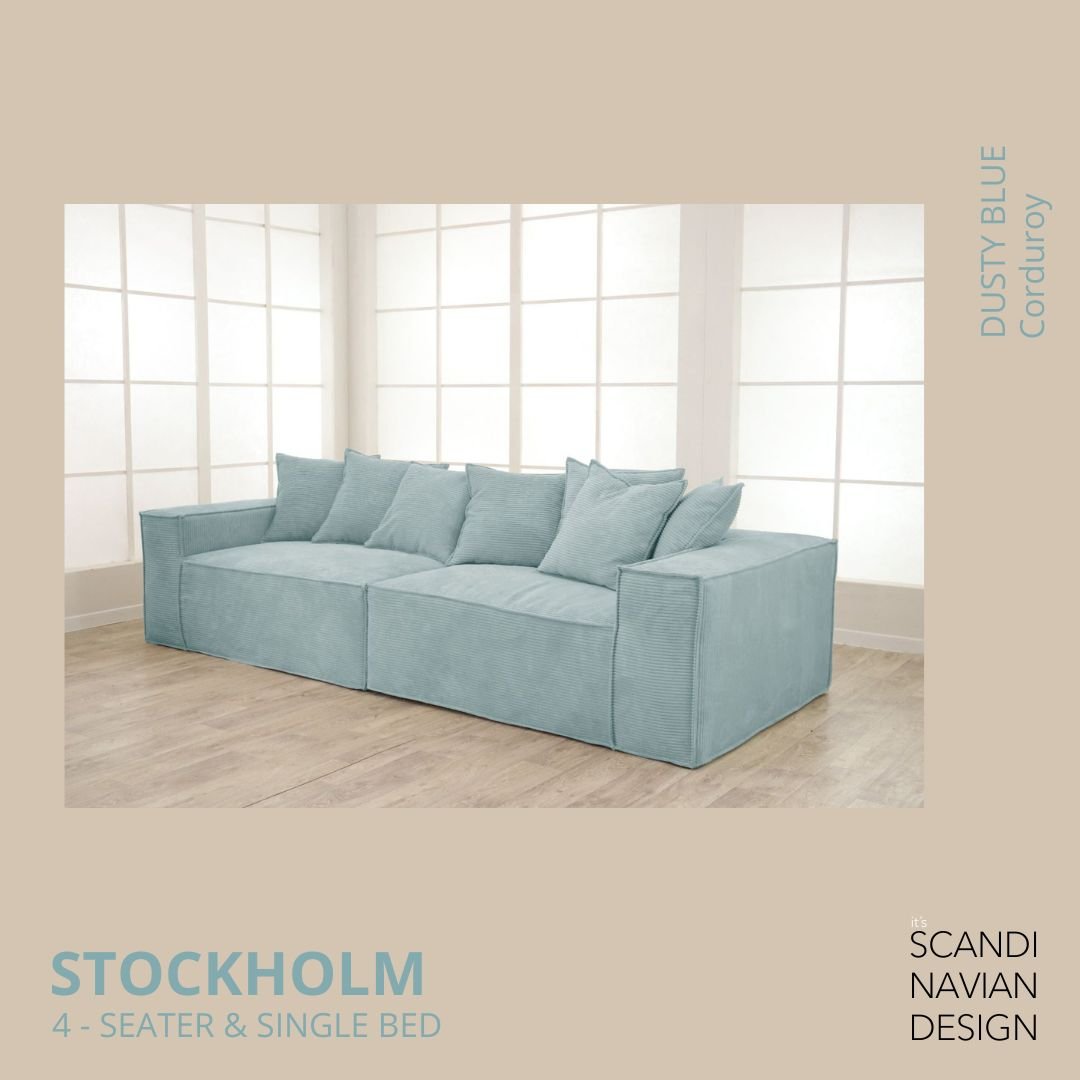 STOCKHOLM 4 - seater sofa/single bed Corduroy Dusty Blue removable & washable cover - Scandinavian Stories by Marton