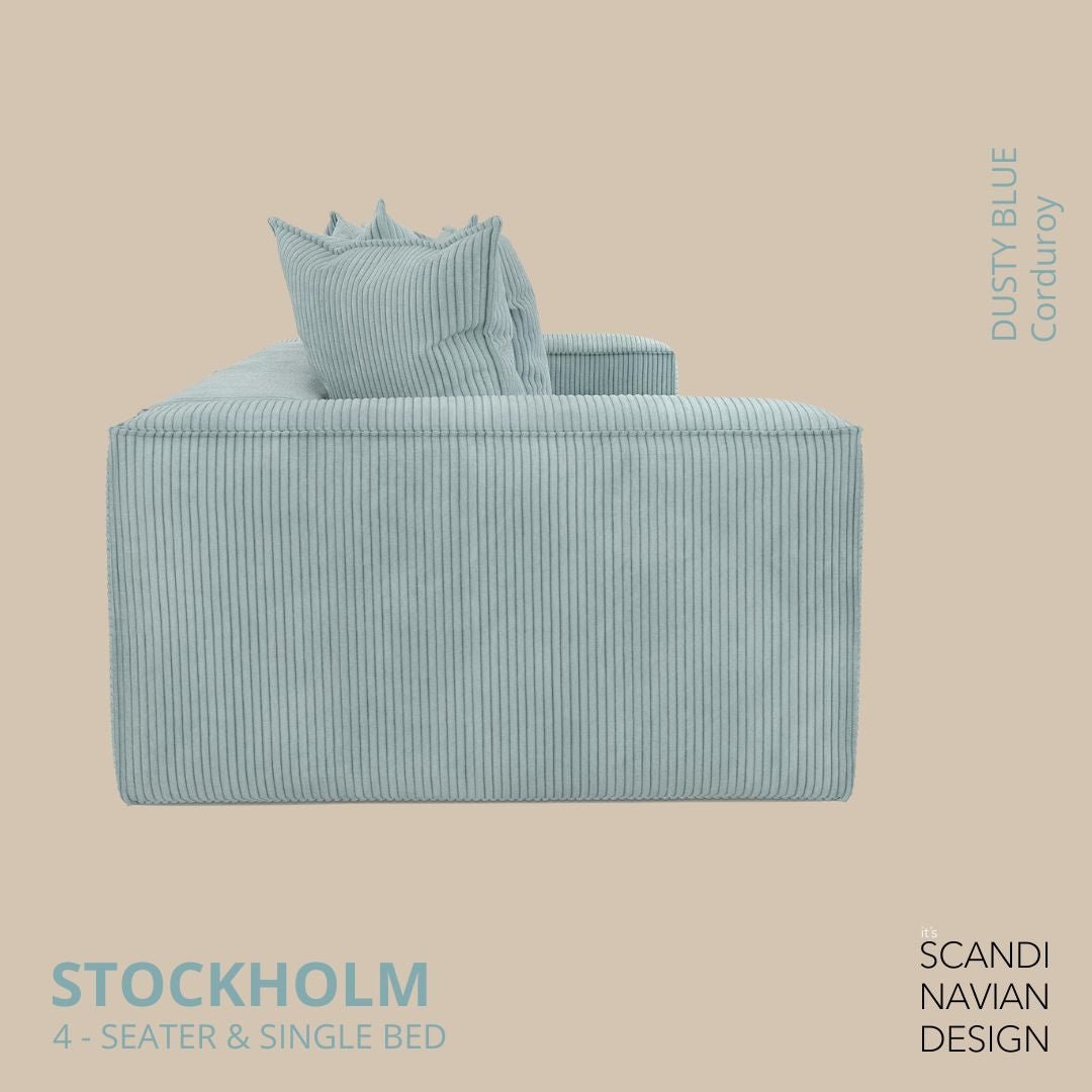 STOCKHOLM 4 - seater sofa/single bed Corduroy Dusty Blue removable & washable cover - Scandinavian Stories by Marton