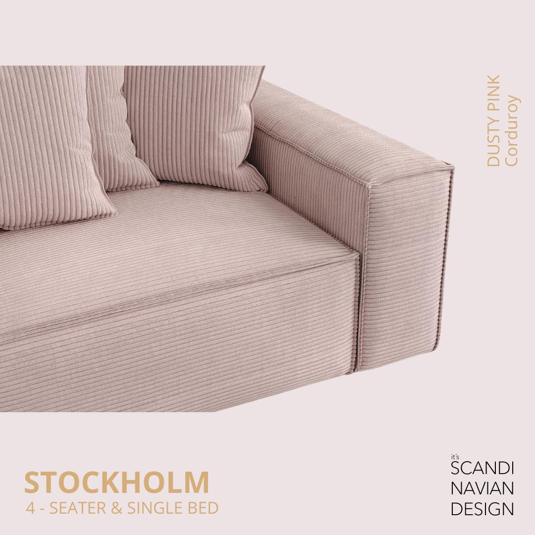 STOCKHOLM 4 - seater sofa/single bed Corduroy Dusty Pink removable & washable cover - Scandinavian Stories by Marton