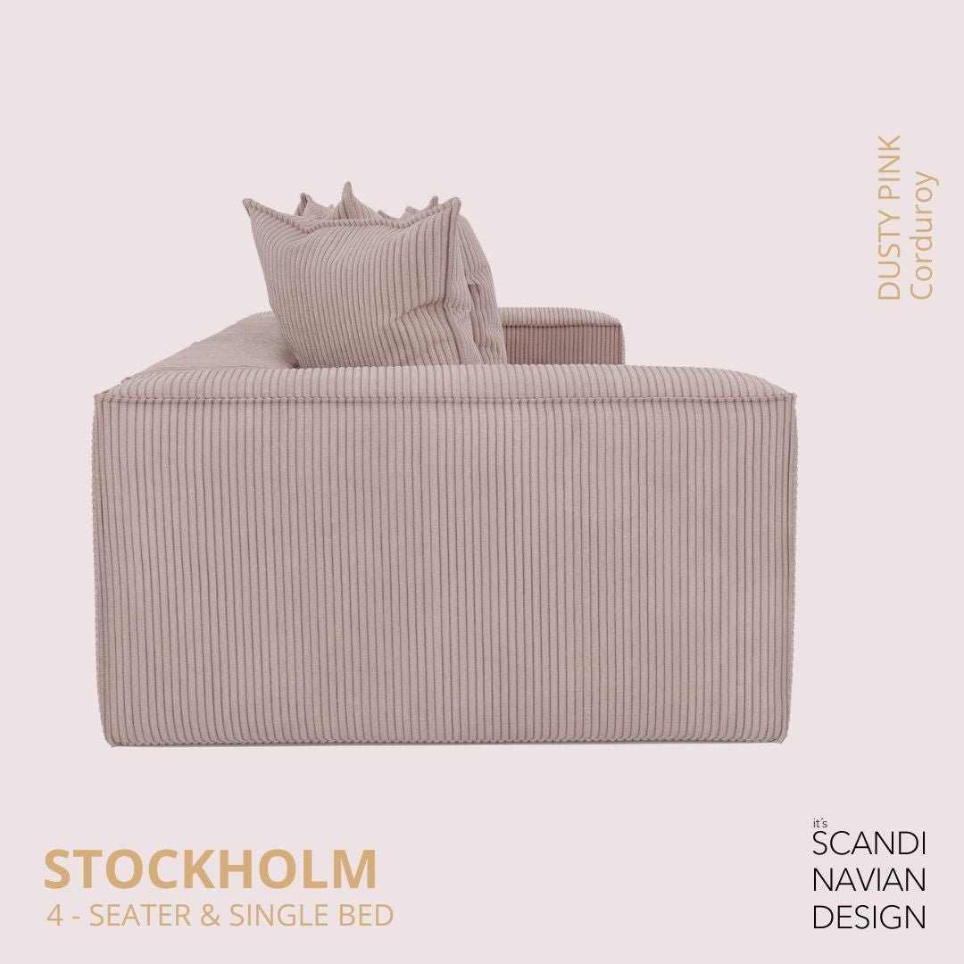 STOCKHOLM 4 - seater sofa/single bed Corduroy Dusty Pink removable & washable cover - Scandinavian Stories by Marton