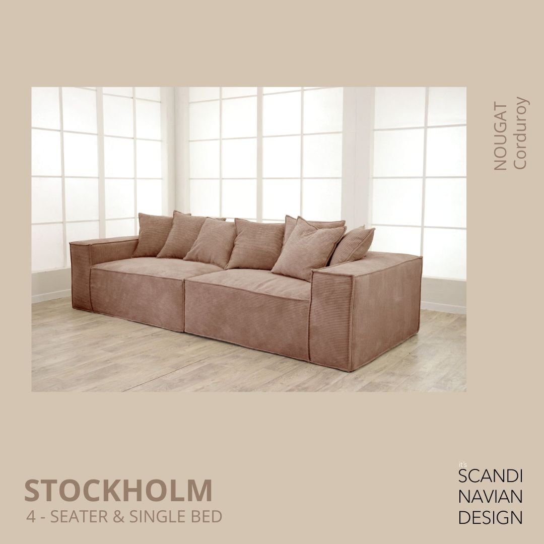 STOCKHOLM 4 - seater sofa/single bed Corduroy Nougat removable & washable cover - Scandinavian Stories by Marton