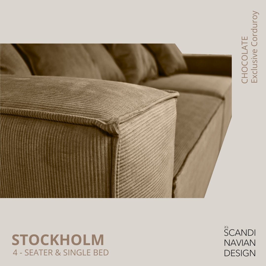 STOCKHOLM 4 - seater sofa/single bed Exclusive Corduroy Chocolate removable & washable cover - Scandinavian Stories by Marton