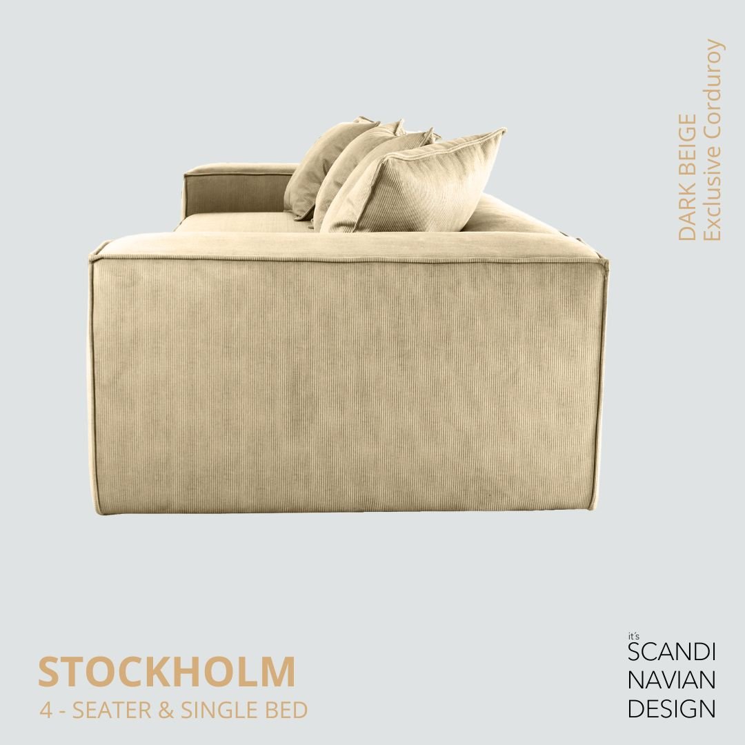 STOCKHOLM 4 - seater sofa/single bed Exclusive Corduroy, Dark Beige removable & washable covers - Scandinavian Stories by Marton