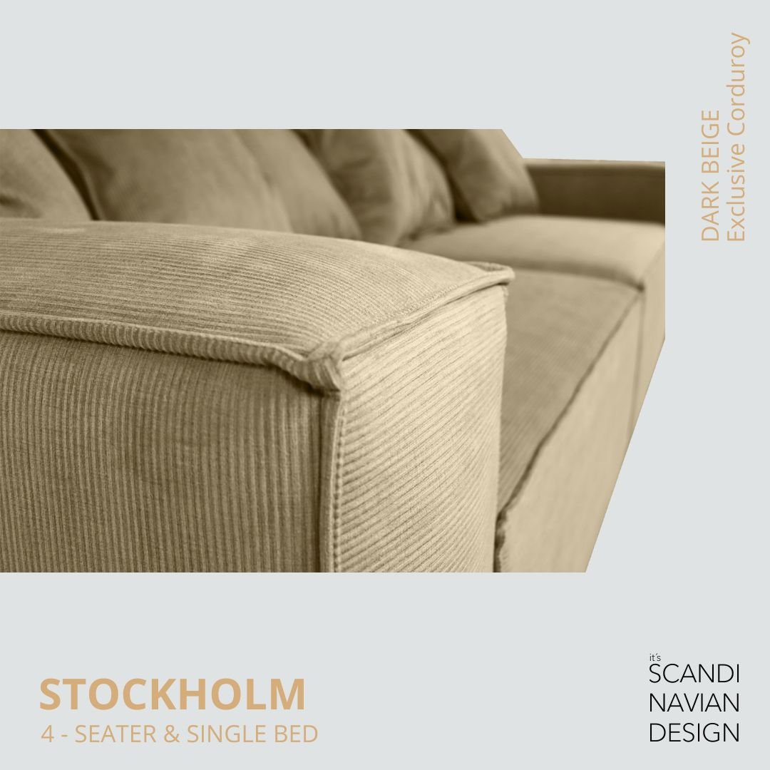 STOCKHOLM 4 - seater sofa/single bed Exclusive Corduroy, Dark Beige removable & washable covers - Scandinavian Stories by Marton