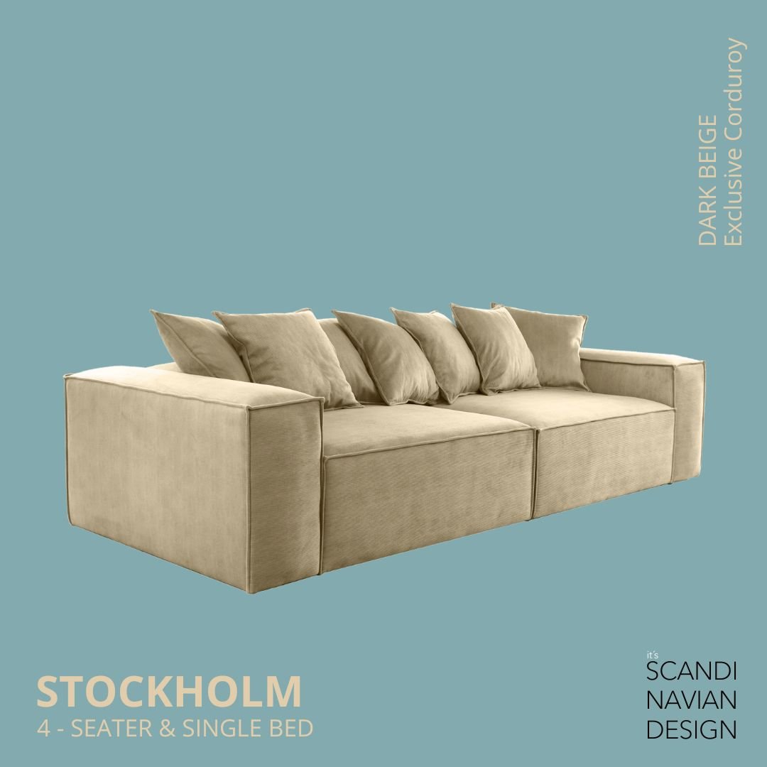 STOCKHOLM 4 - seater sofa/single bed Exclusive Corduroy, Dark Beige removable & washable covers - Scandinavian Stories by Marton