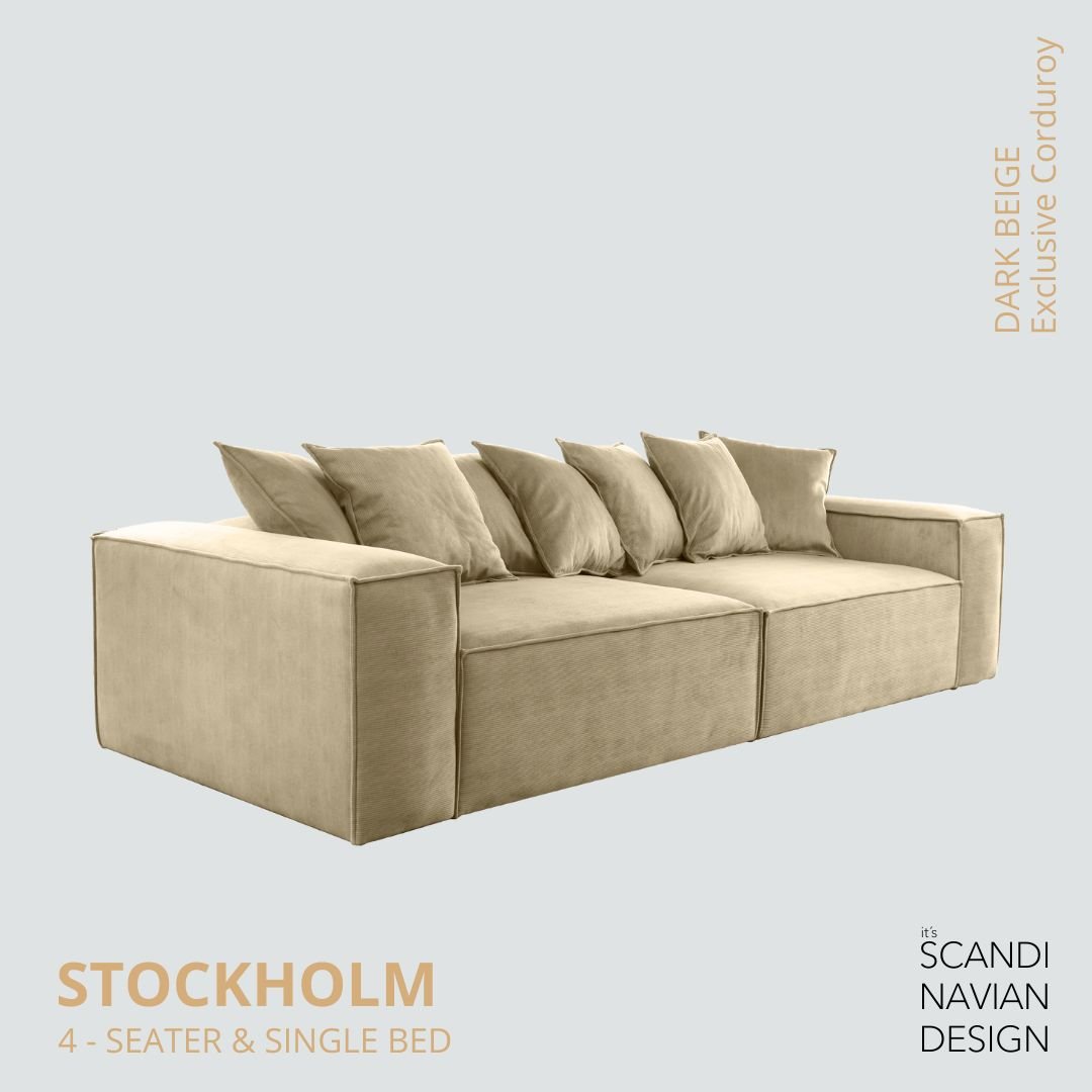 STOCKHOLM 4 - seater sofa/single bed Exclusive Corduroy, Dark Beige removable & washable covers - Scandinavian Stories by Marton