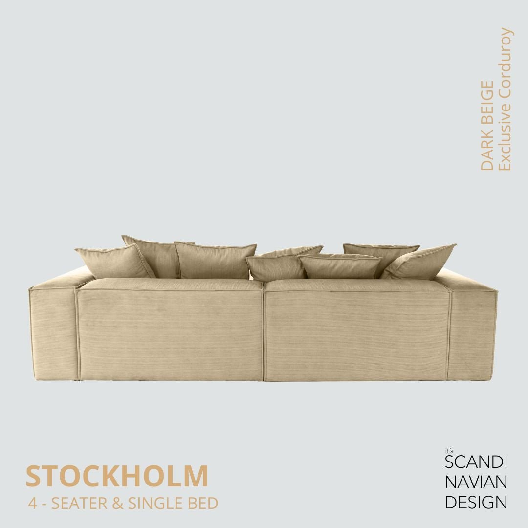 STOCKHOLM 4 - seater sofa/single bed Exclusive Corduroy, Dark Beige removable & washable covers - Scandinavian Stories by Marton