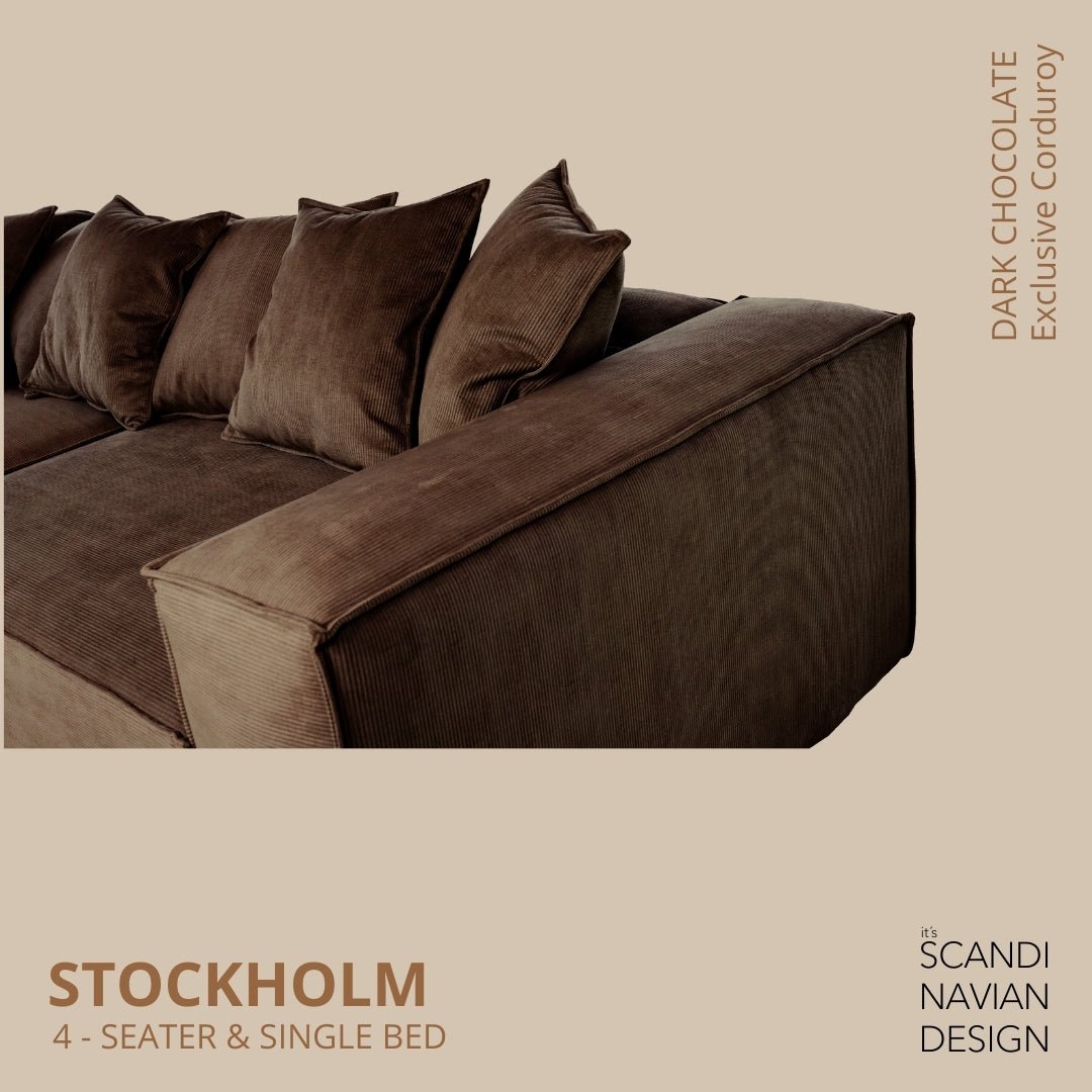 STOCKHOLM 4 - seater sofa/single bed Exclusive Corduroy Dark Chocolate removable & washable cover - Scandinavian Stories by Marton