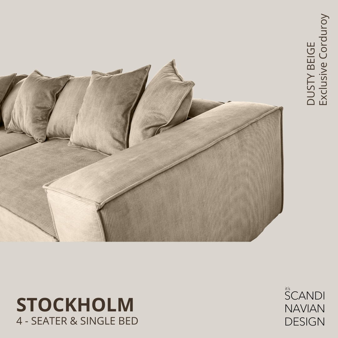 STOCKHOLM 4 - seater sofa/single bed Exclusive Corduroy Dusty Beige removable & washable cover - Scandinavian Stories by Marton