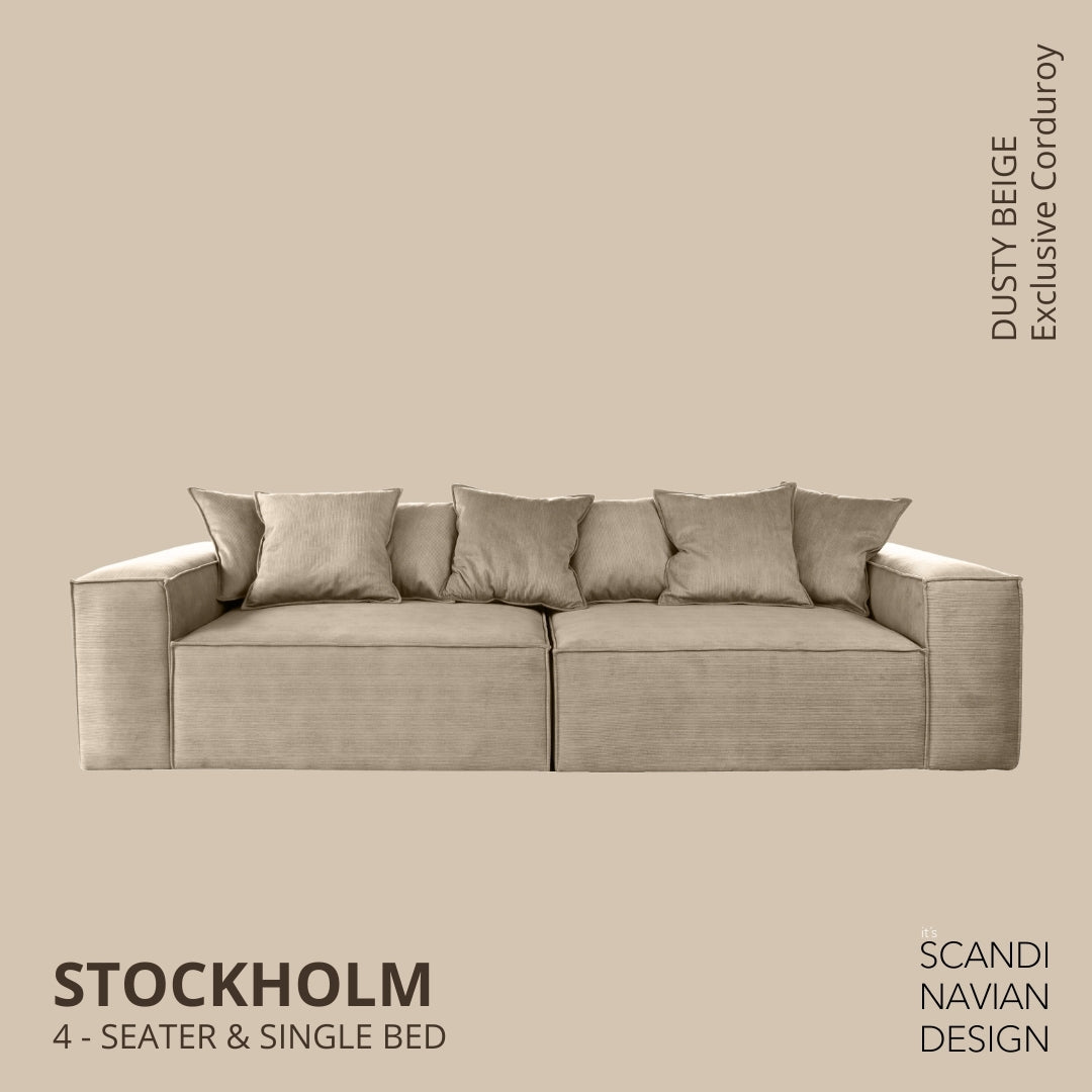 STOCKHOLM 4 - seater sofa/single bed Exclusive Corduroy Dusty Beige removable & washable cover - Scandinavian Stories by Marton