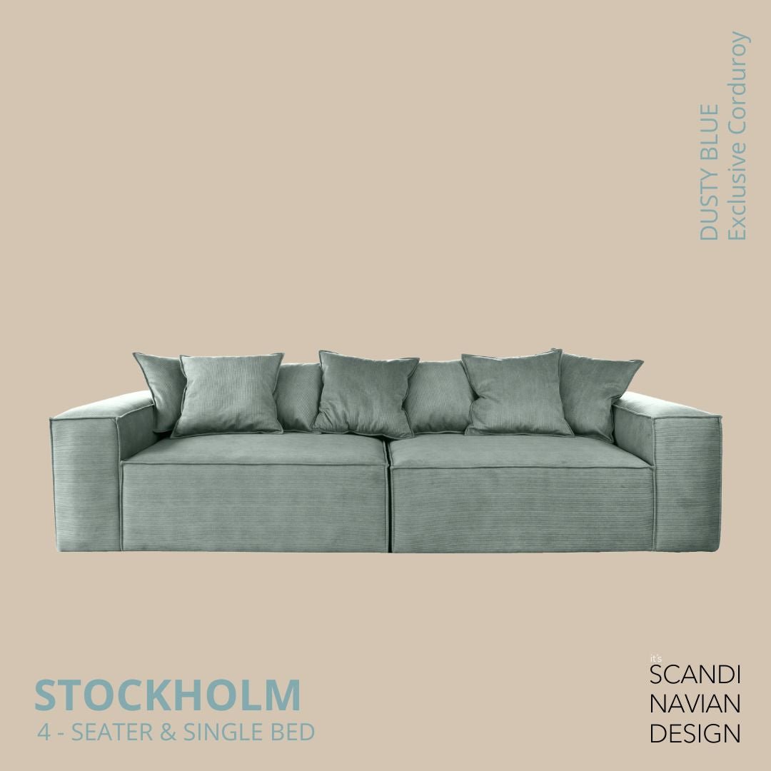 STOCKHOLM 4 - seater sofa/single bed Exclusive Corduroy,Dusty Blue removable & washable cover - Scandinavian Stories by Marton