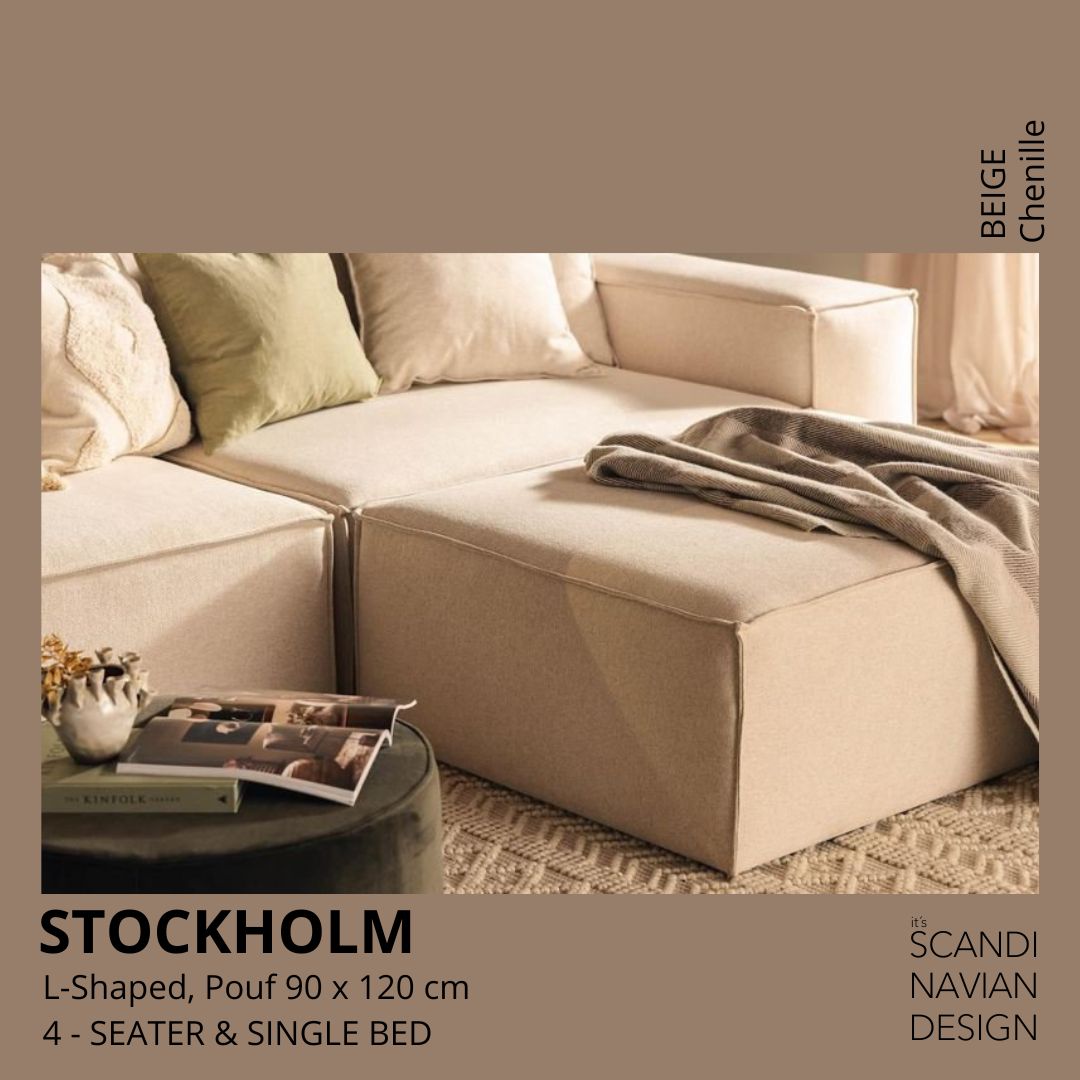 STOCKHOLM L - Shaped sofa/single bed Chenille Beige removable & washable cover - Scandinavian Stories by Marton