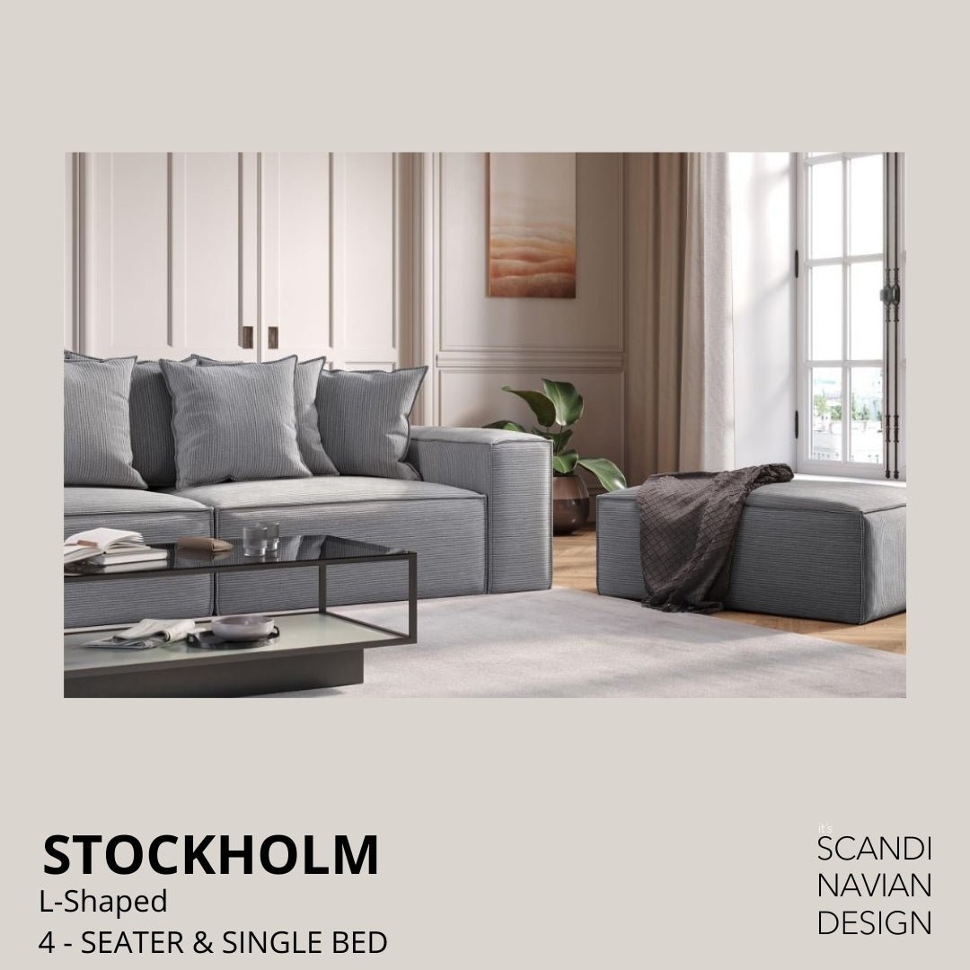 STOCKHOLM L - Shaped sofa/single bed Chenille Beige removable & washable cover - Scandinavian Stories by Marton