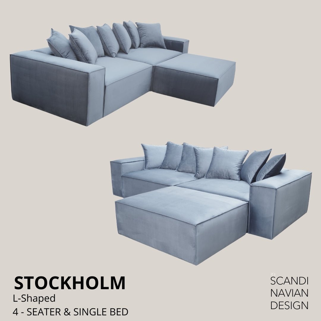 STOCKHOLM L - Shaped sofa/single bed Chenille Warm Beige removable & washable cover - Scandinavian Stories by Marton