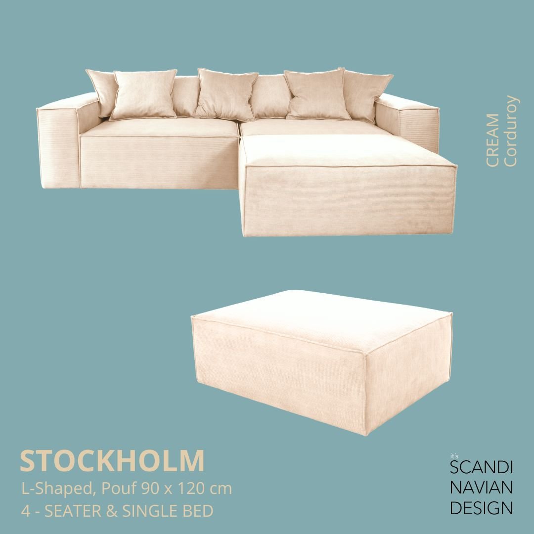 STOCKHOLM L - Shaped sofa/single bed Corduroy Cream removable & washable cover - Scandinavian Stories by Marton