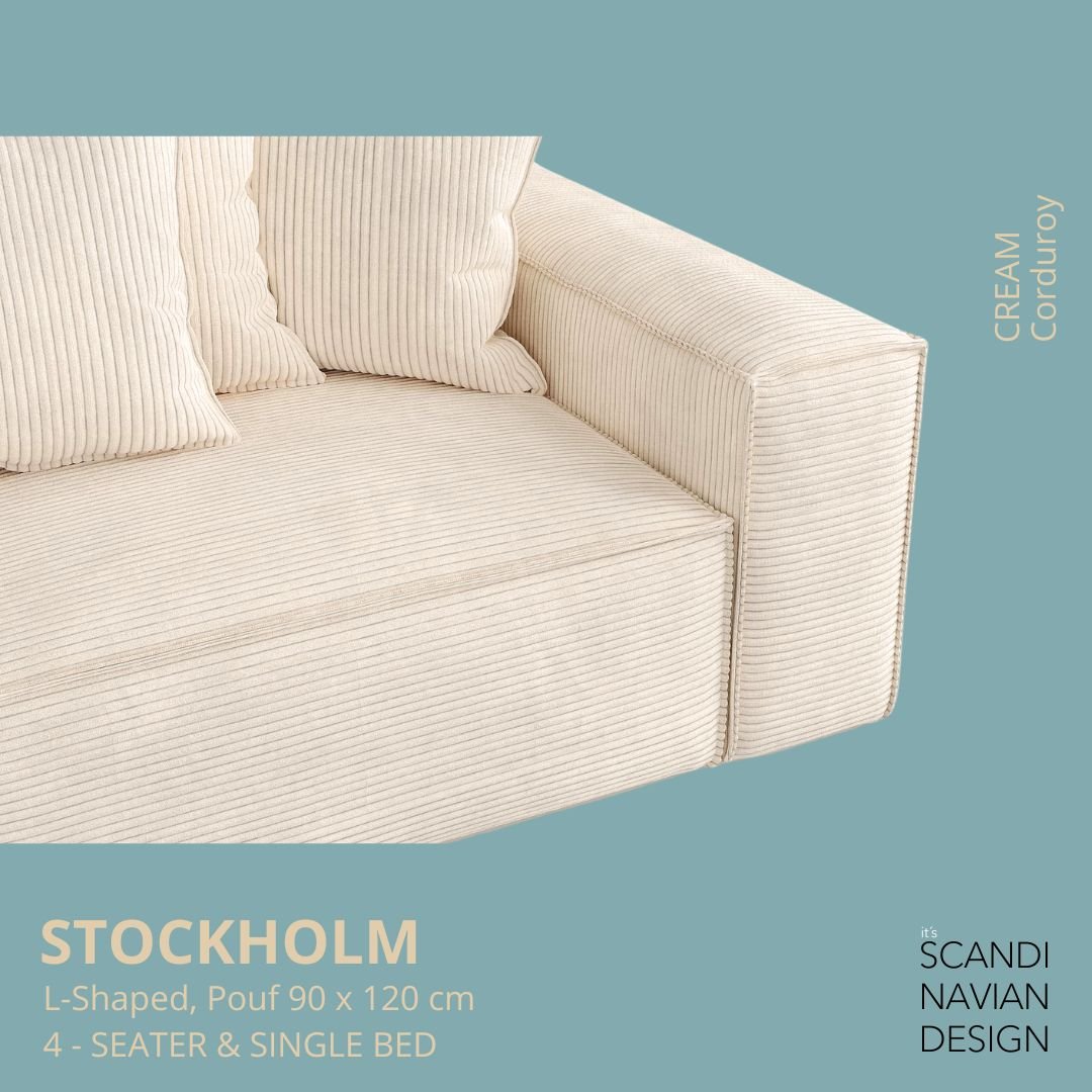 STOCKHOLM L - Shaped sofa/single bed Corduroy Cream removable & washable cover - Scandinavian Stories by Marton