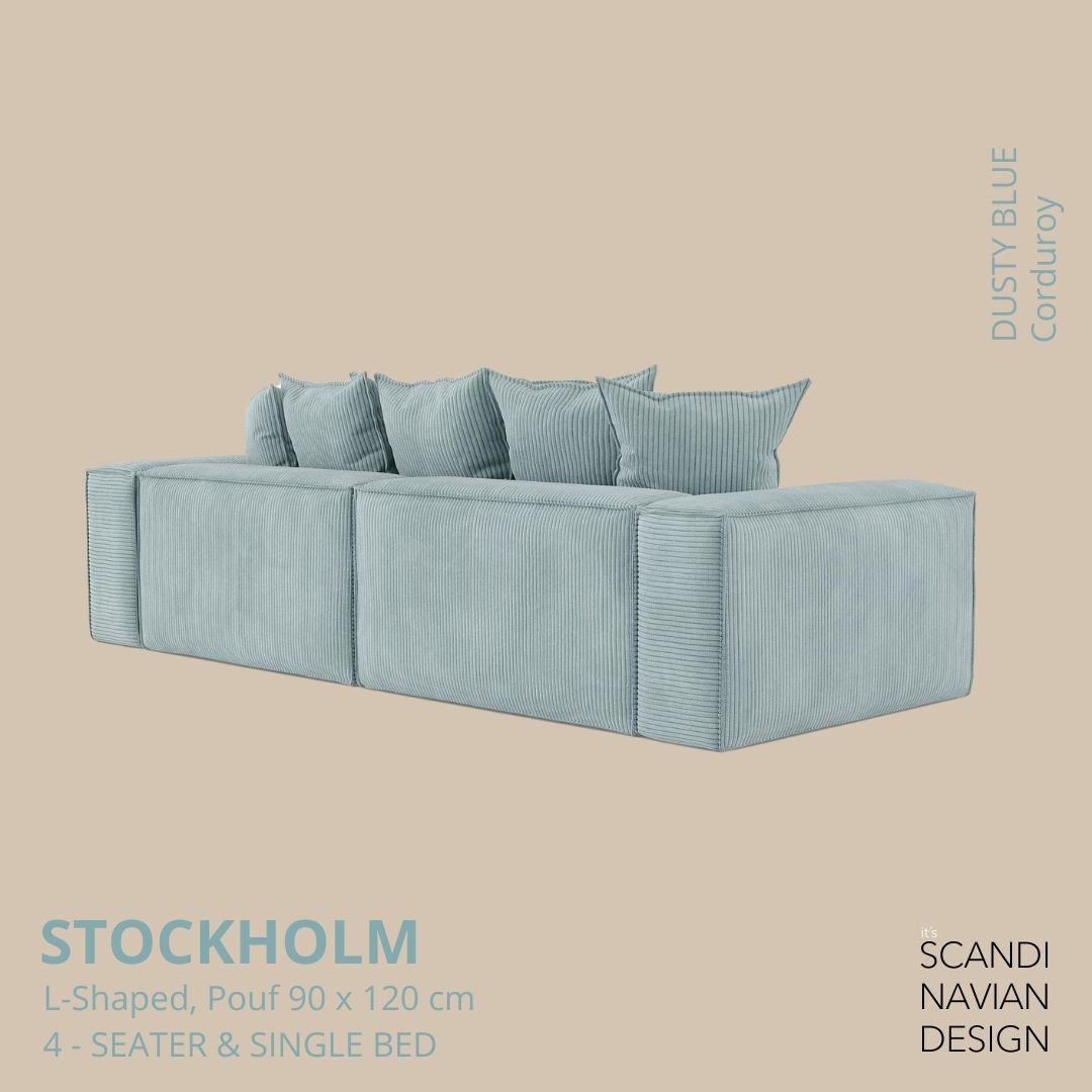 STOCKHOLM L - Shaped sofa/single bed Corduroy Dusty Blue removable & washable cover - Scandinavian Stories by Marton