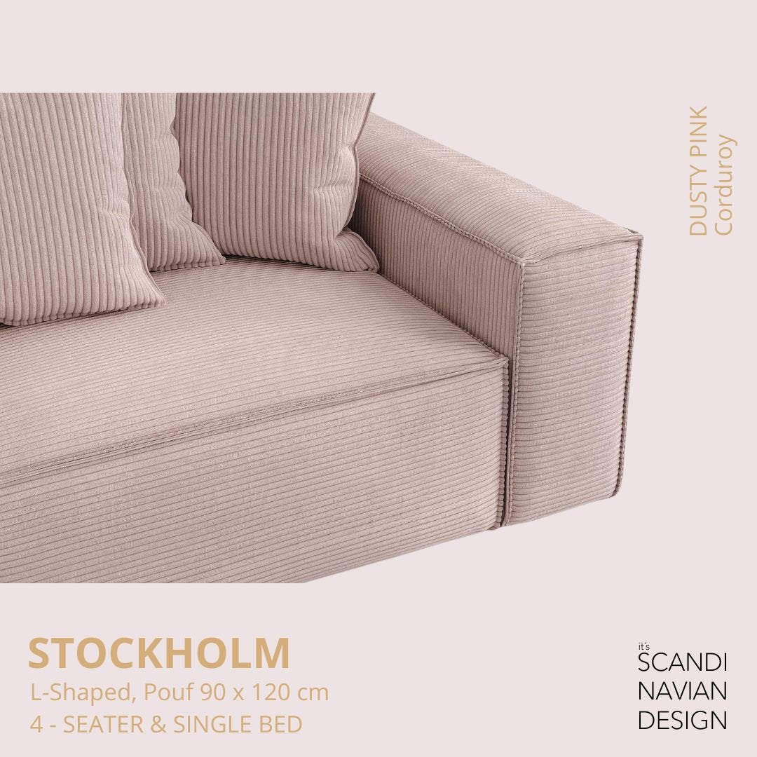 STOCKHOLM L - Shaped sofa/single bed Corduroy Dusty Pink removable & washable cover - Scandinavian Stories by Marton