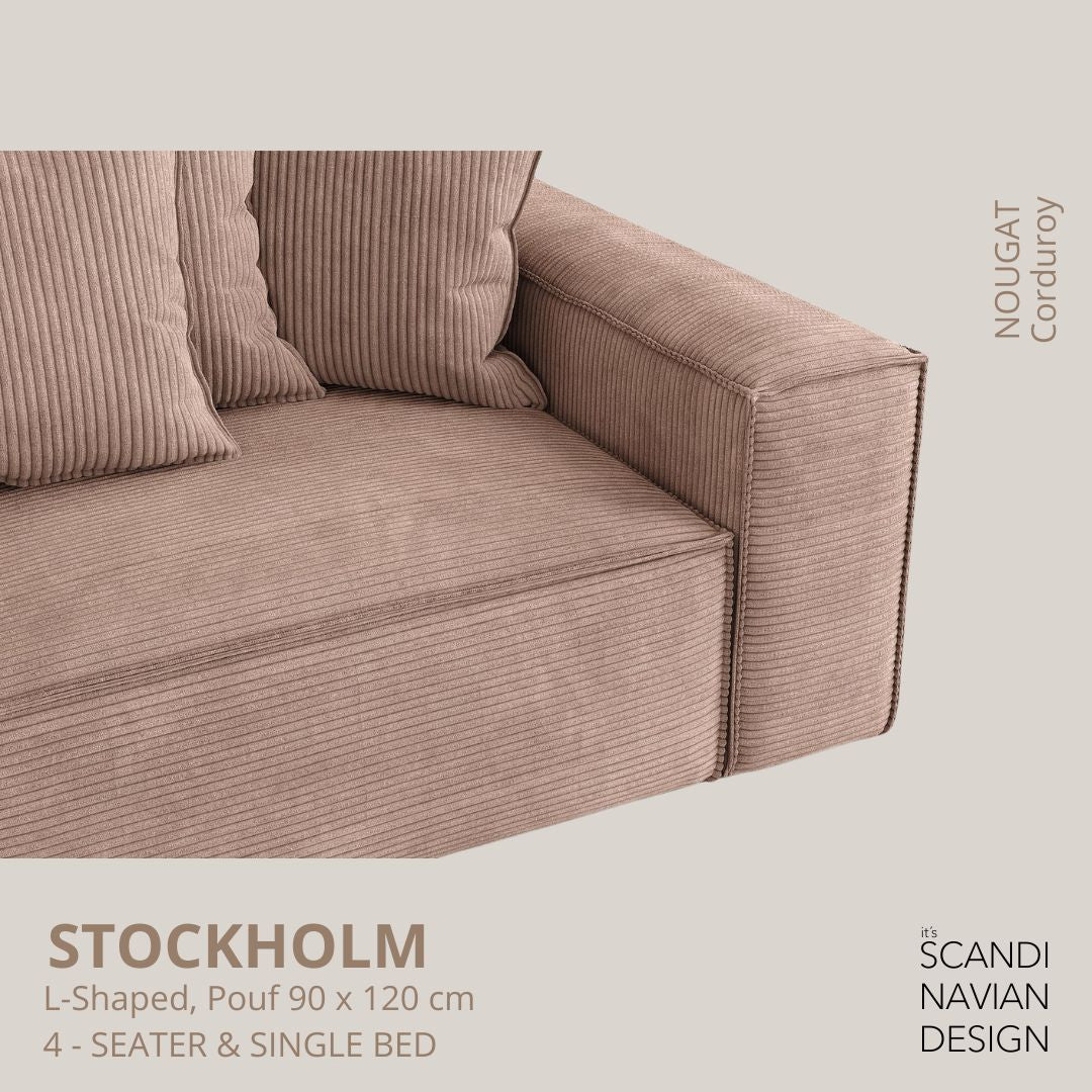 STOCKHOLM L - Shaped sofa/single bed Corduroy Nougat removable & washable cover - Scandinavian Stories by Marton