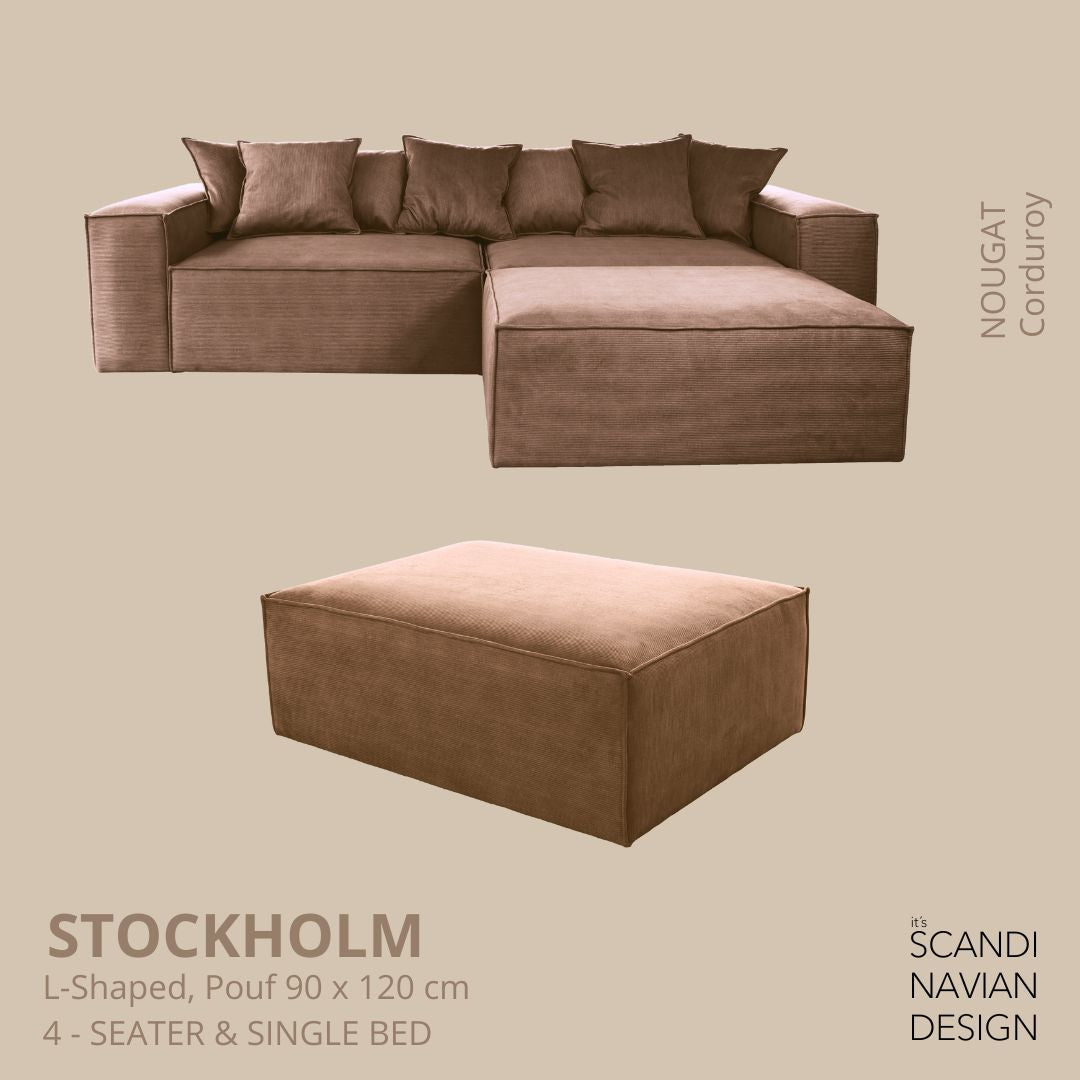 STOCKHOLM L - Shaped sofa/single bed Corduroy Nougat removable & washable cover - Scandinavian Stories by Marton