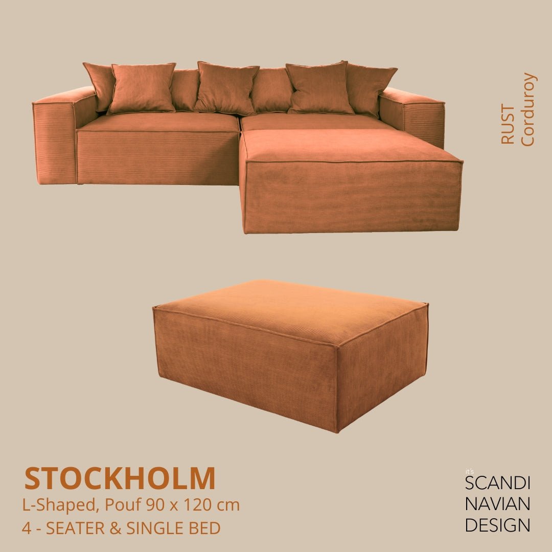 STOCKHOLM L - Shaped sofa/single bed Corduroy Rust removable & washable cover - Scandinavian Stories by Marton