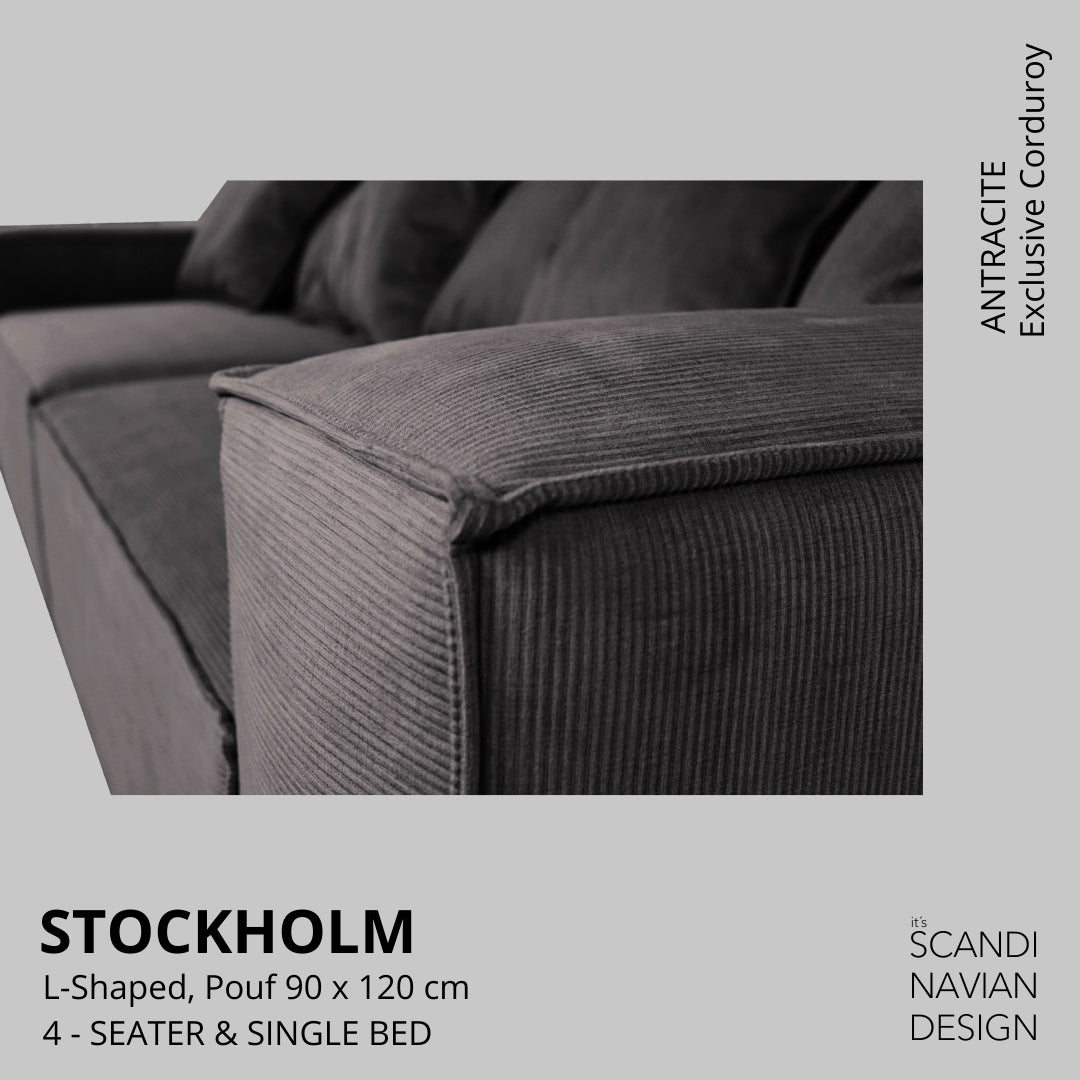 STOCKHOLM L - Shaped sofa/single bed Exclusive Corduroy Antracite removable & washable cover - Scandinavian Stories by Marton