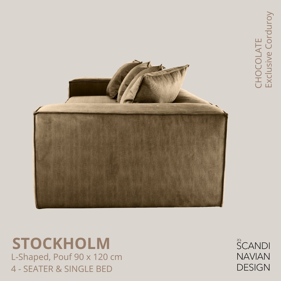 STOCKHOLM L - Shaped sofa/single bed Exclusive Corduroy Chocolate removable & washable cover - Scandinavian Stories by Marton