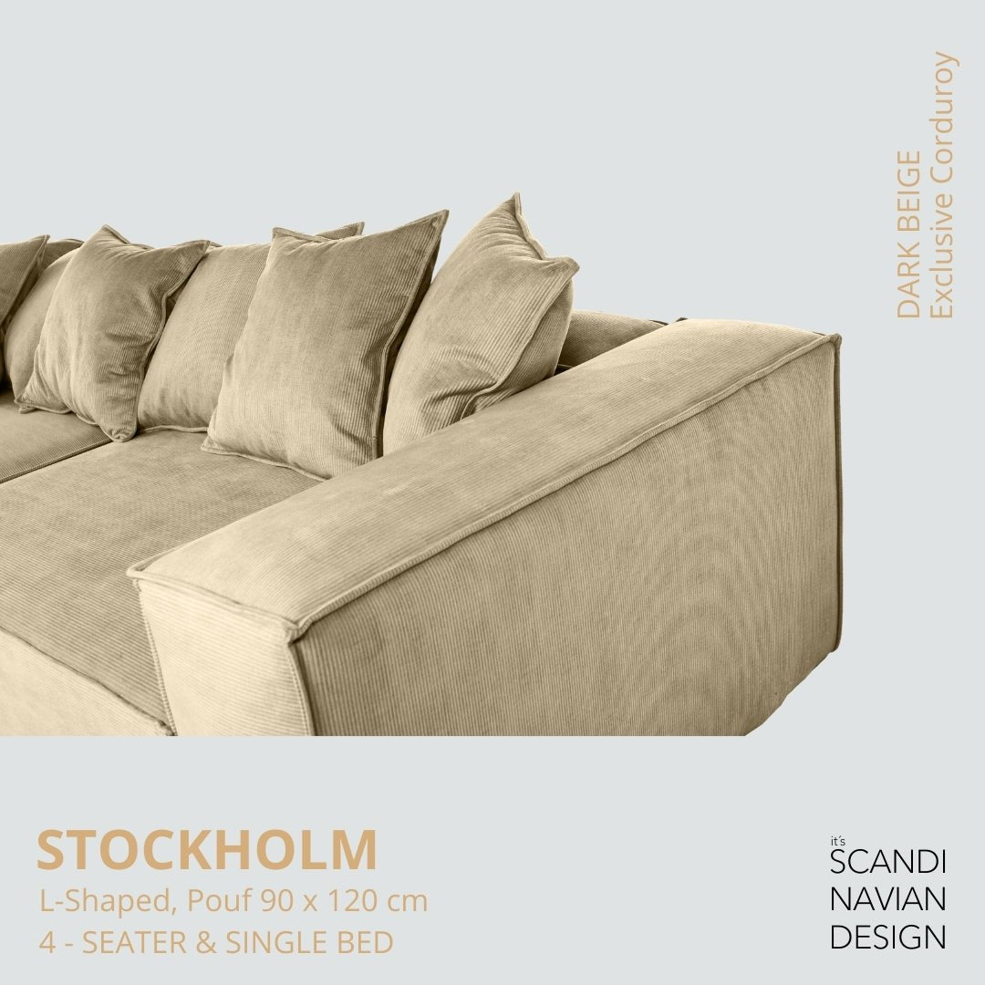 STOCKHOLM L - Shaped sofa/single bed Exclusive Corduroy Dark Beige removable & washable cover - Scandinavian Stories by Marton