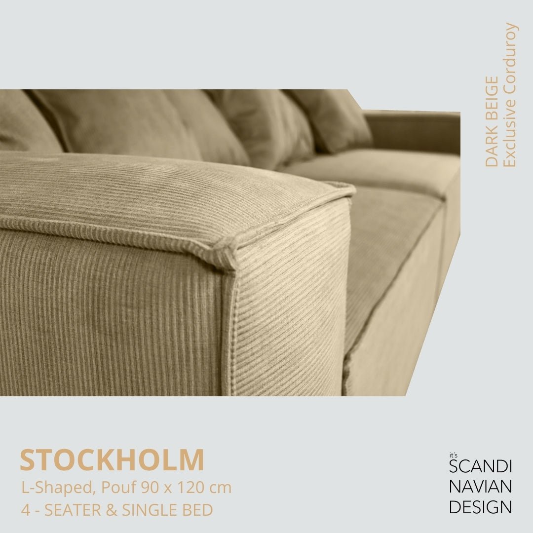 STOCKHOLM L - Shaped sofa/single bed Exclusive Corduroy Dark Beige removable & washable cover - Scandinavian Stories by Marton