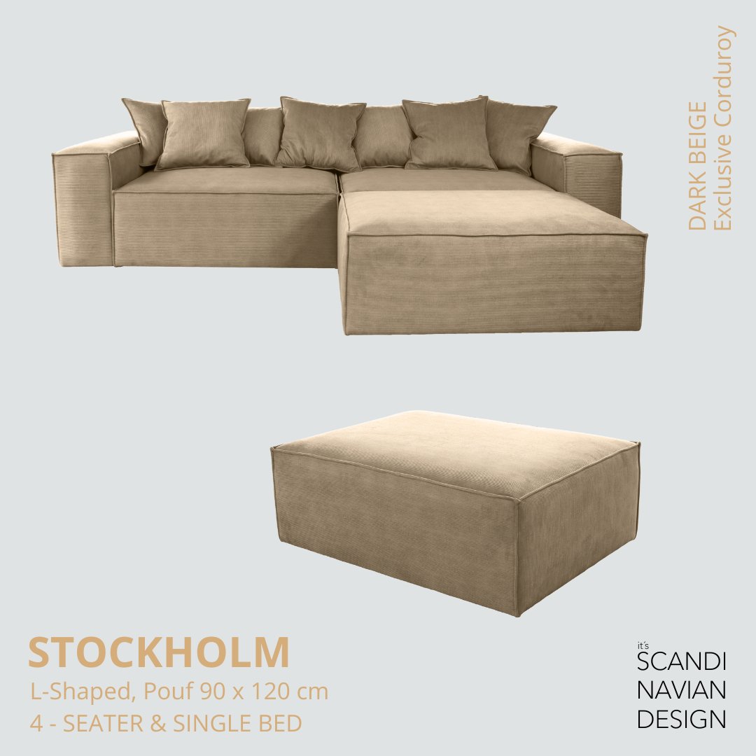 STOCKHOLM L - Shaped sofa/single bed Exclusive Corduroy Dark Beige removable & washable cover - Scandinavian Stories by Marton