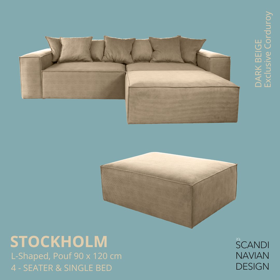 STOCKHOLM L - Shaped sofa/single bed Exclusive Corduroy Dark Beige removable & washable cover - Scandinavian Stories by Marton