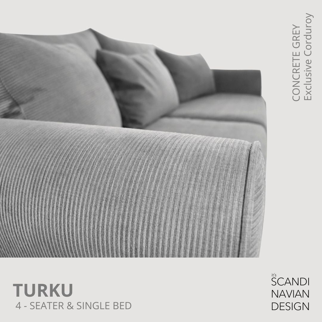 TURKU 4 - seater sofa/single bed Exclusive Corduroy, Concrete Grey removable & washable covers - Scandinavian Stories by Marton