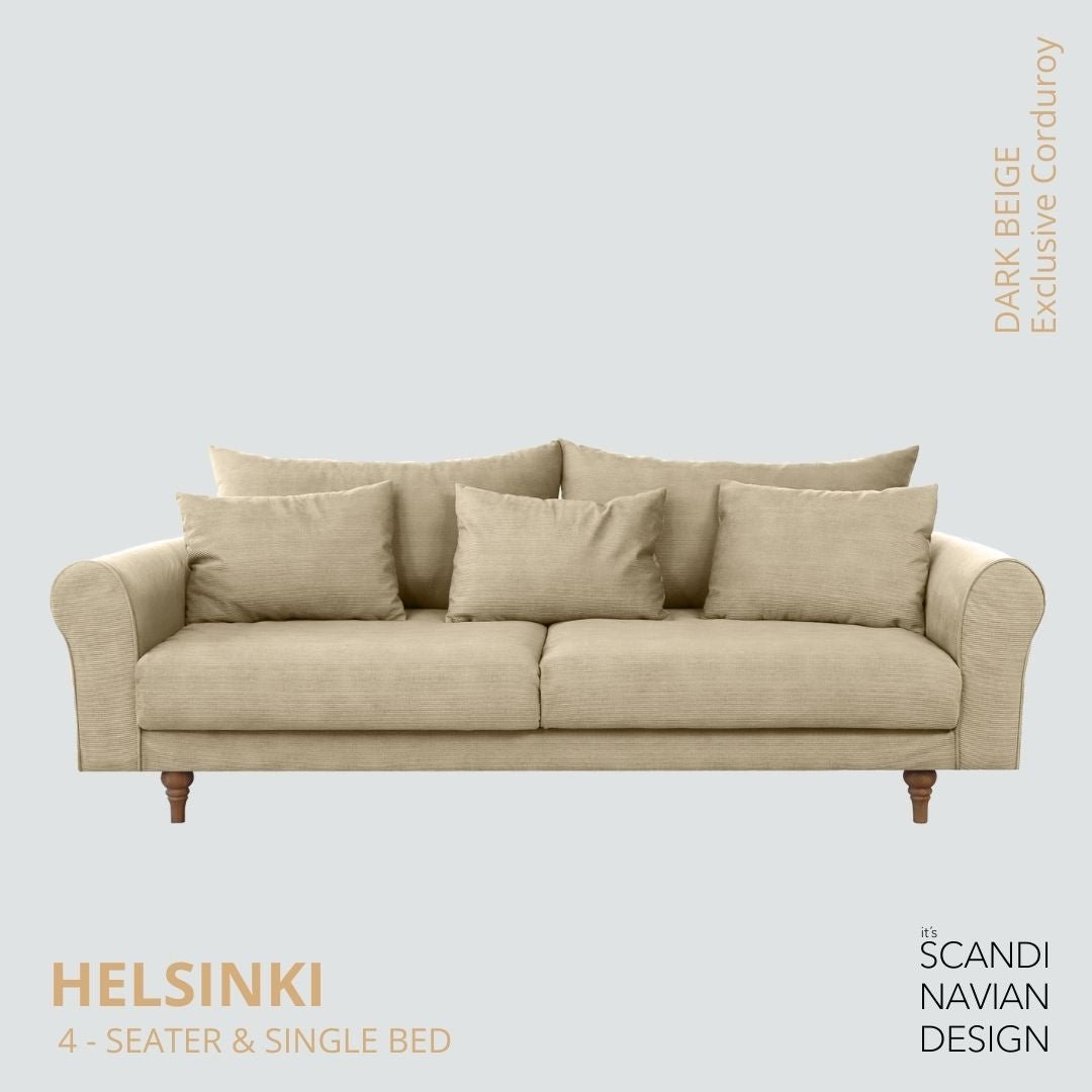 TURKU 4 - seater sofa/single bed Exclusive Corduroy, Dark Beige removable & washable covers - Scandinavian Stories by Marton