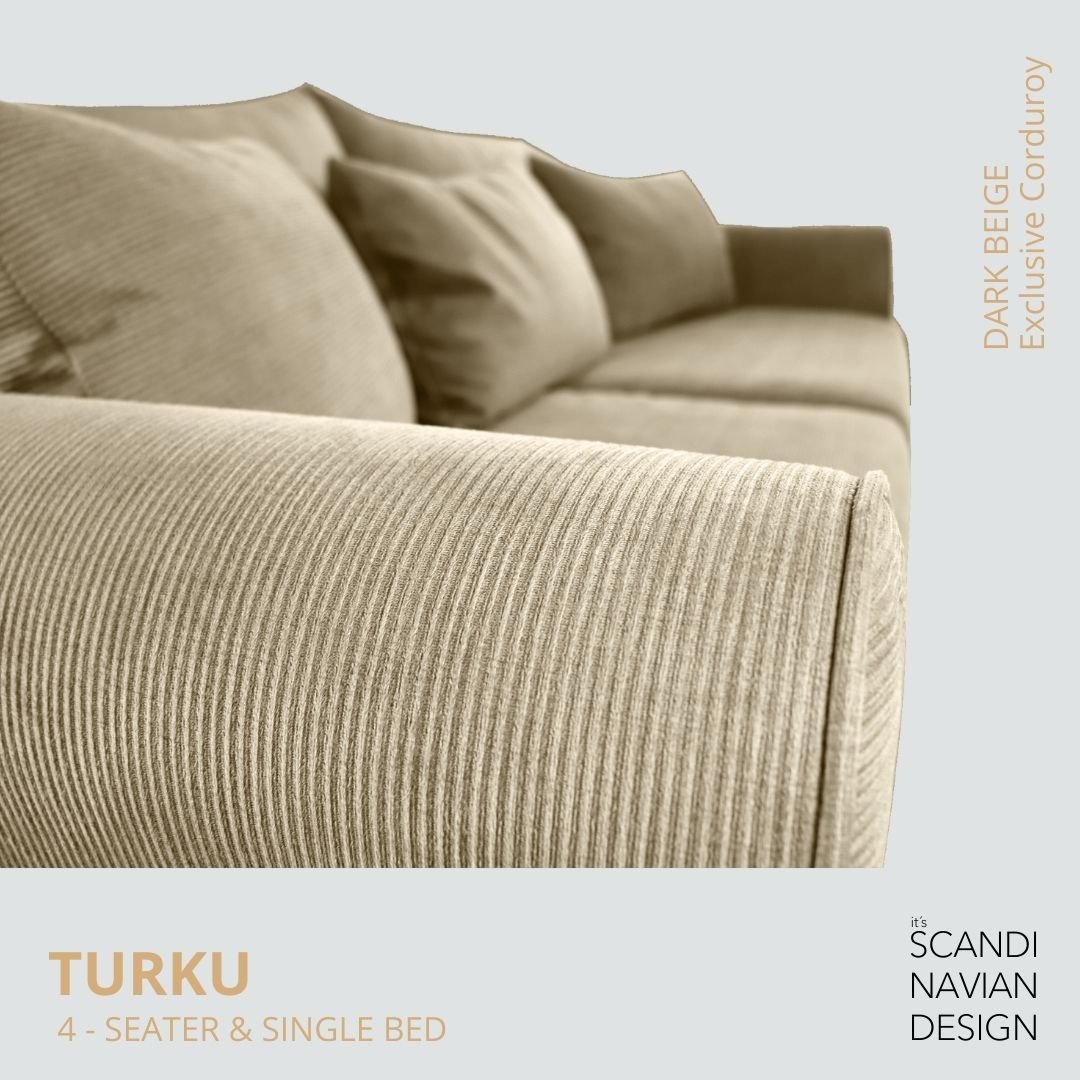 TURKU 4 - seater sofa/single bed Exclusive Corduroy, Dark Beige removable & washable covers - Scandinavian Stories by Marton