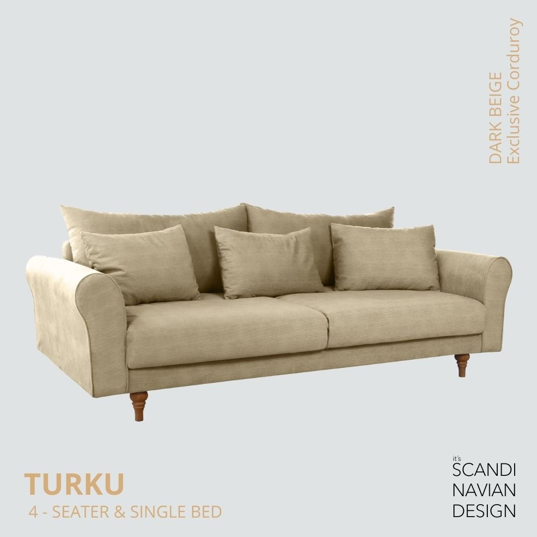 TURKU 4 - seater sofa/single bed Exclusive Corduroy, Dark Beige removable & washable covers - Scandinavian Stories by Marton