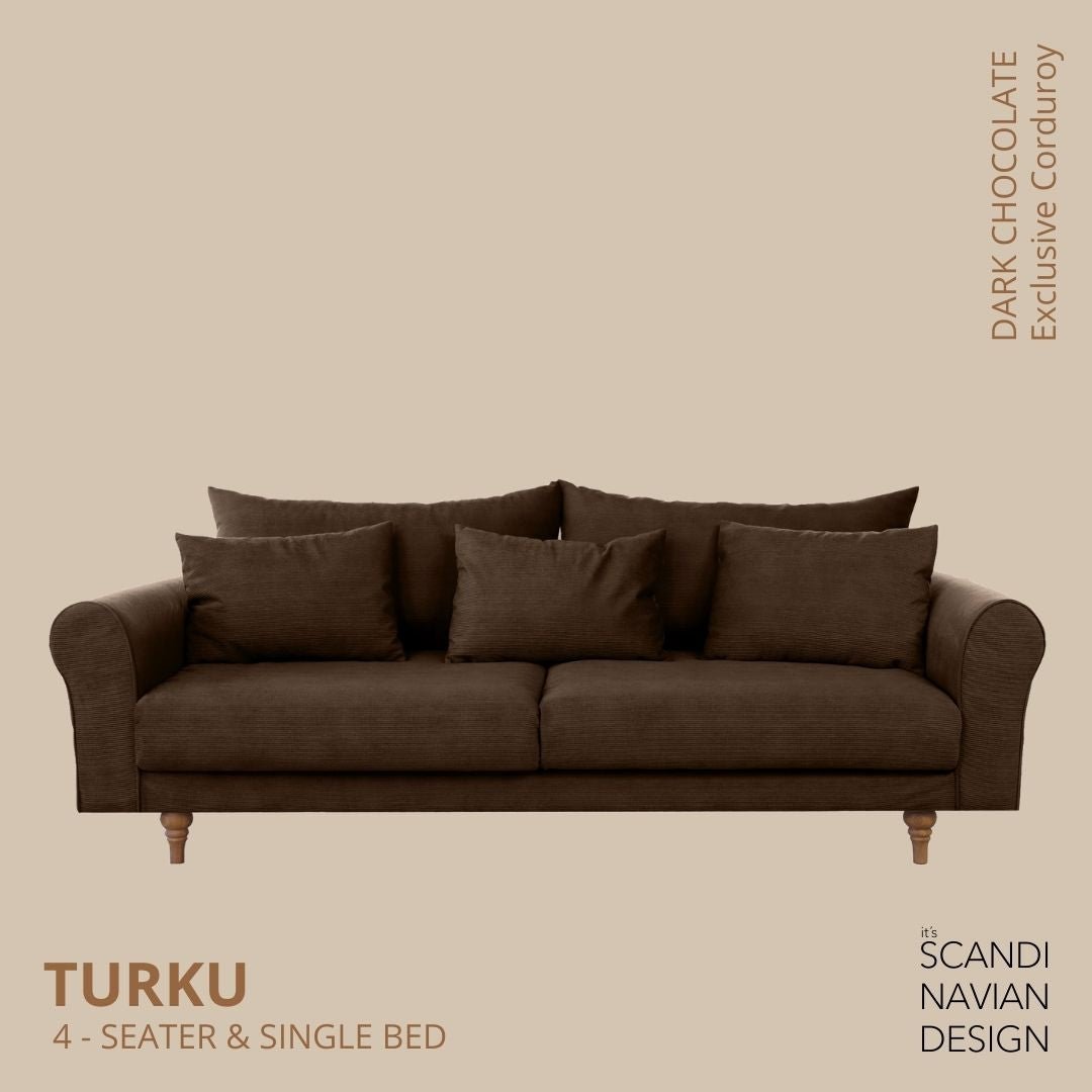 TURKU 4 - seater sofa/single bed Exclusive Corduroy, Dark Chocolate removable & washable covers - Scandinavian Stories by Marton