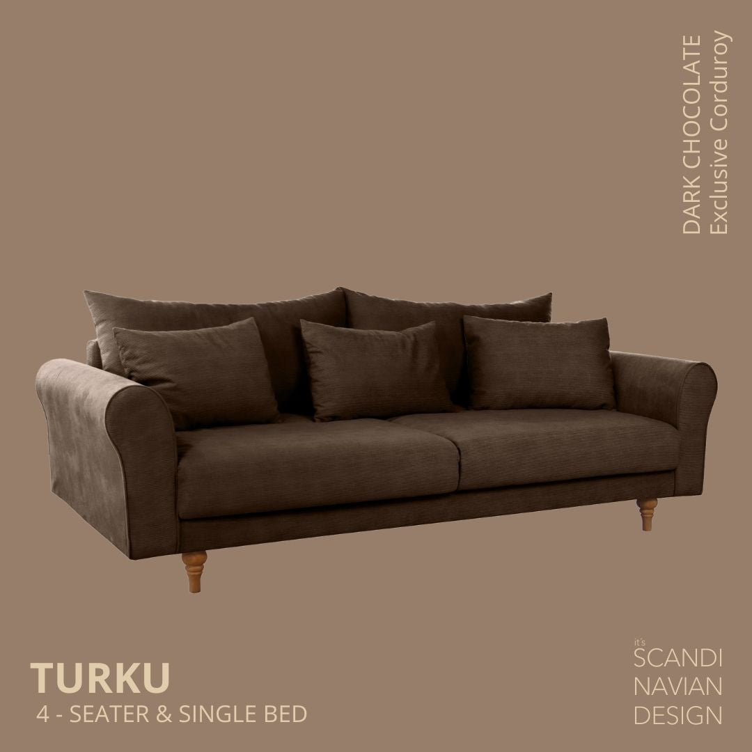 TURKU 4 - seater sofa/single bed Exclusive Corduroy, Dark Chocolate removable & washable covers - Scandinavian Stories by Marton