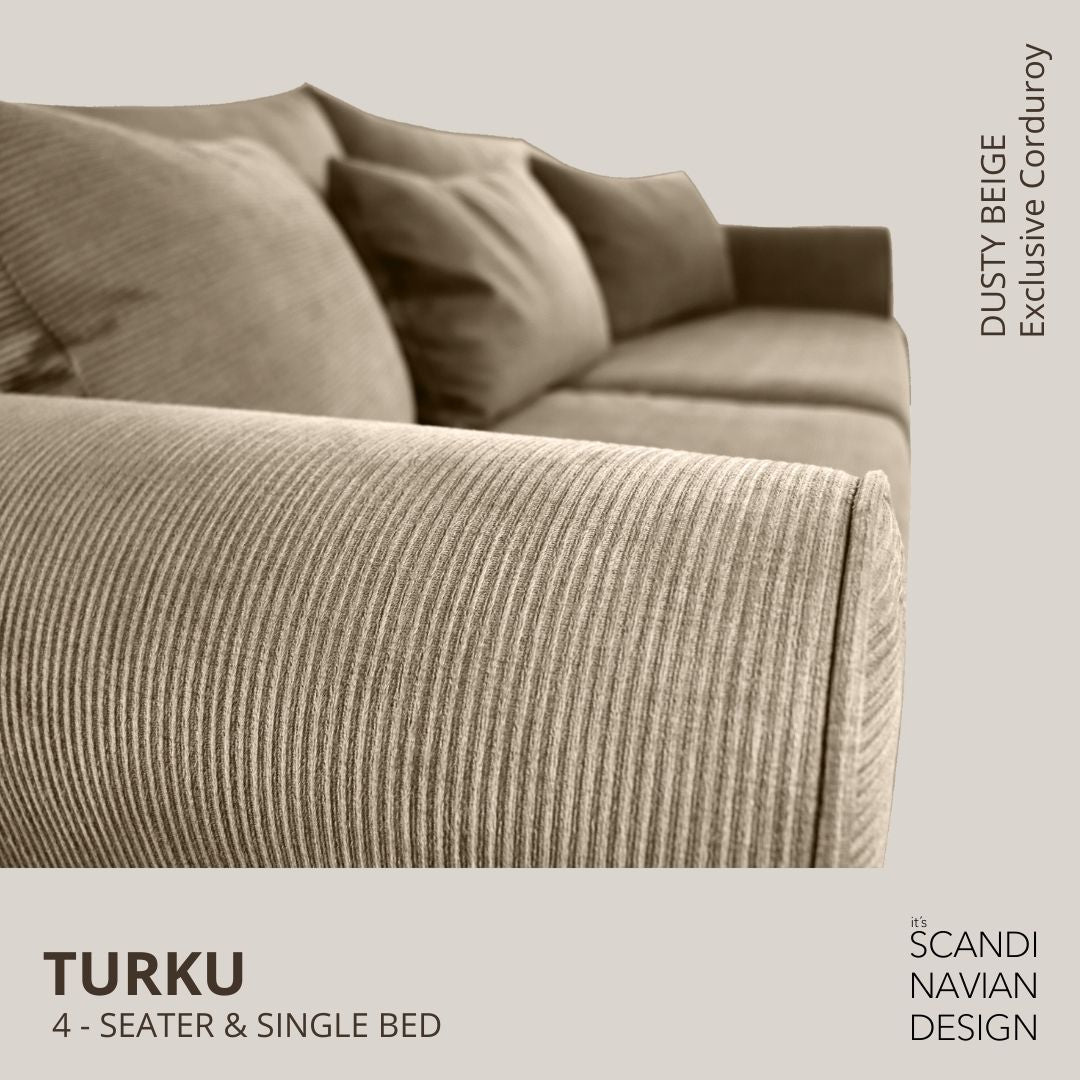 TURKU 4 - seater sofa/single bed Exclusive Corduroy, Dusty Beige removable & washable covers - Scandinavian Stories by Marton